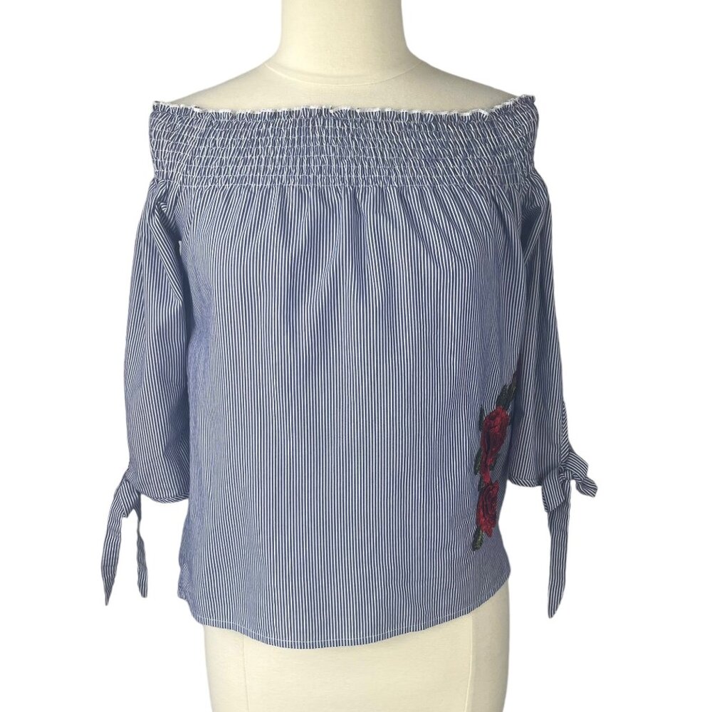 Gypsies & Moondust Off Shoulder Shirt Womens Small Blue White Stripes Flower